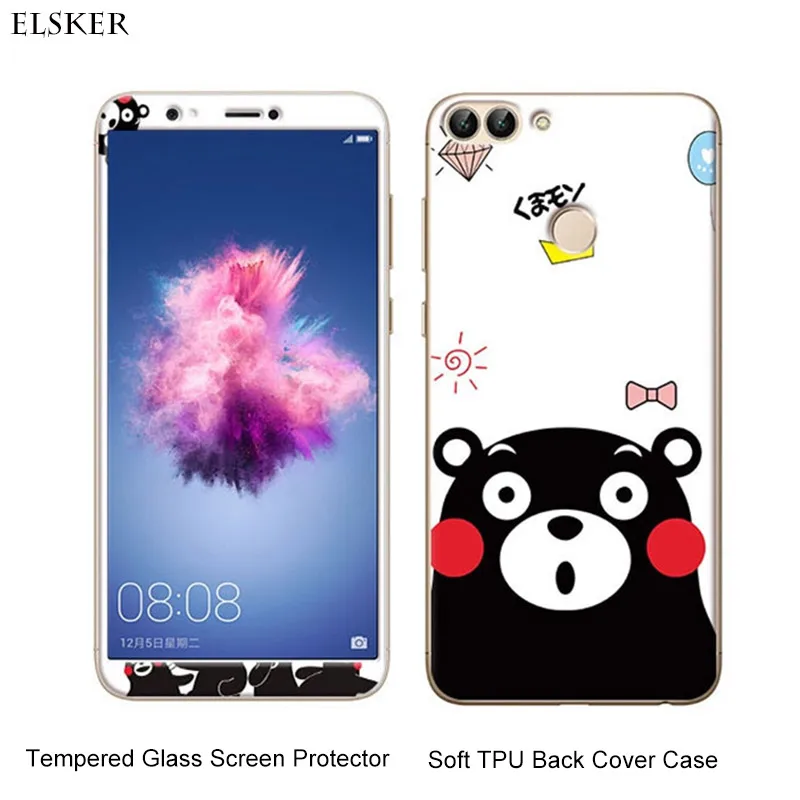 

For Huawei P Smart Case Emboss Cartoon Soft TPU Phone Case With Tempered Glass For Huawei Enjoy 7S PSmart Screen Protector Film