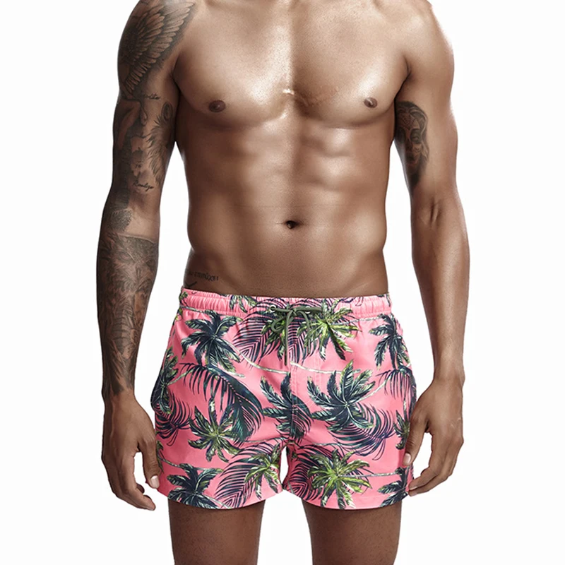Новейшие мужские розовые пляжные шорты с принтом "кокосовое дерево", Пляжные штаны, шорты для серфинга, геев, плаванья, шорты, быстросохнущие плавки