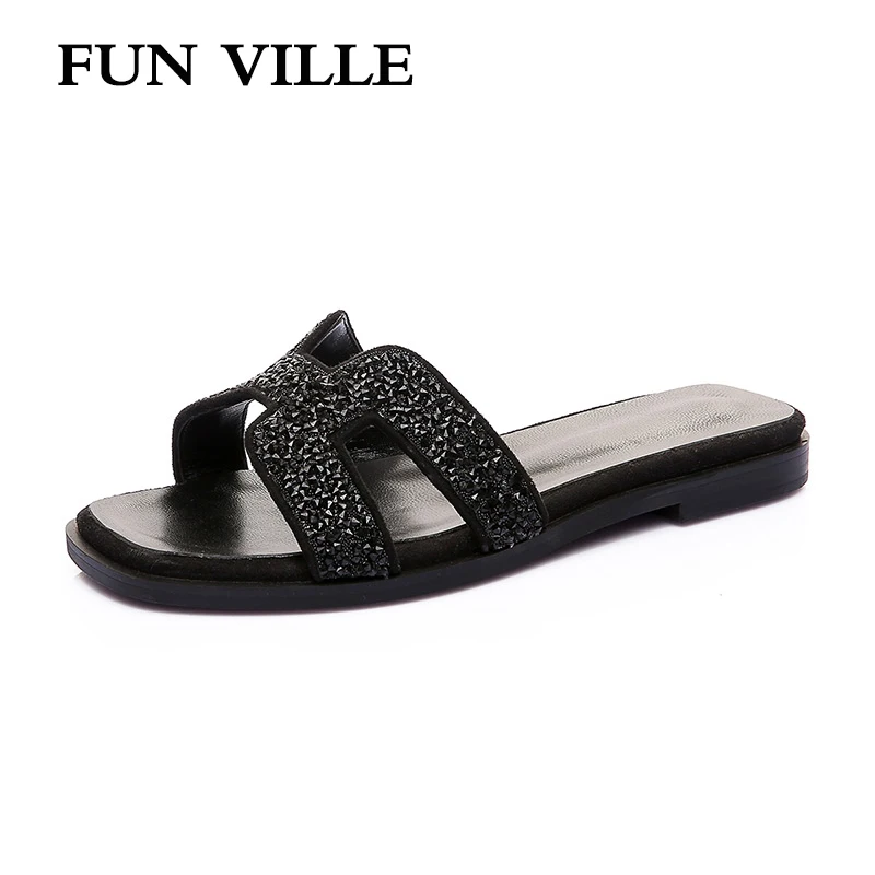 

FUN VILLE Summer Women Slipper Shoes Flat with Brand Genuine Leather Outside Slippers Fashion female footwear Casual shoes