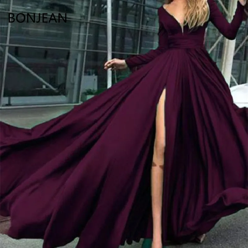 

Charming Evening Dresses Custom Long Sleeves Dark Burgundy Simple Soft Prom Dresses evening Custom Cheap Prom Dress