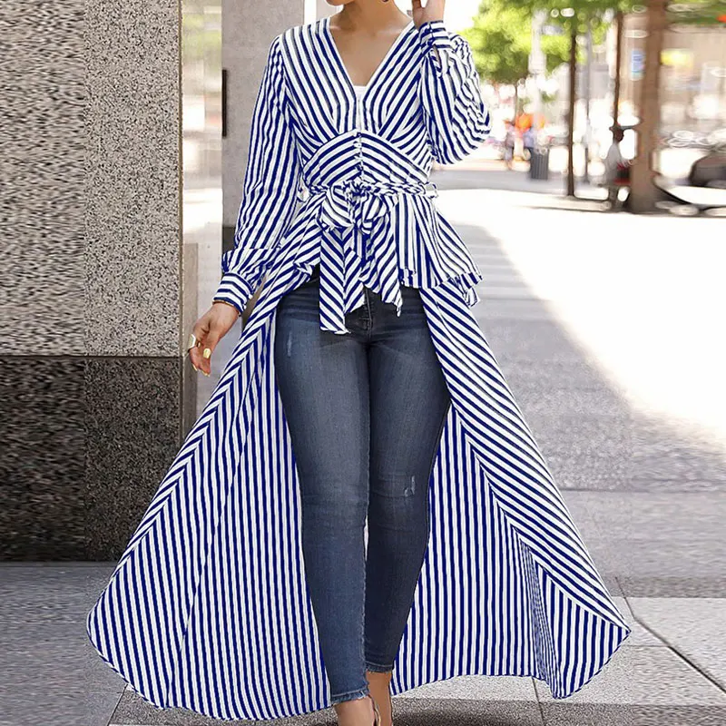 

Autumn Spring 2019 Women Stylish Striped Shirt Irregular Lace Up V-neck Long Sleeve Street Slim Fit Blouse Tops S-XL