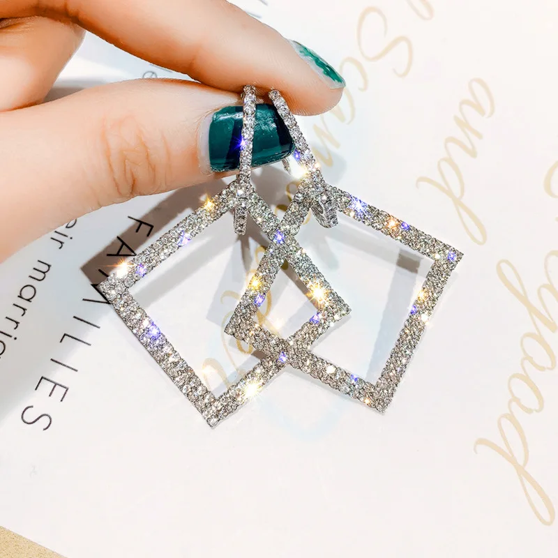

New Big Rhinestone Earrings Fashion Jewelry 2018 Geometric Square Dangle Bling Bling Trendy Individuality Girl Earrings