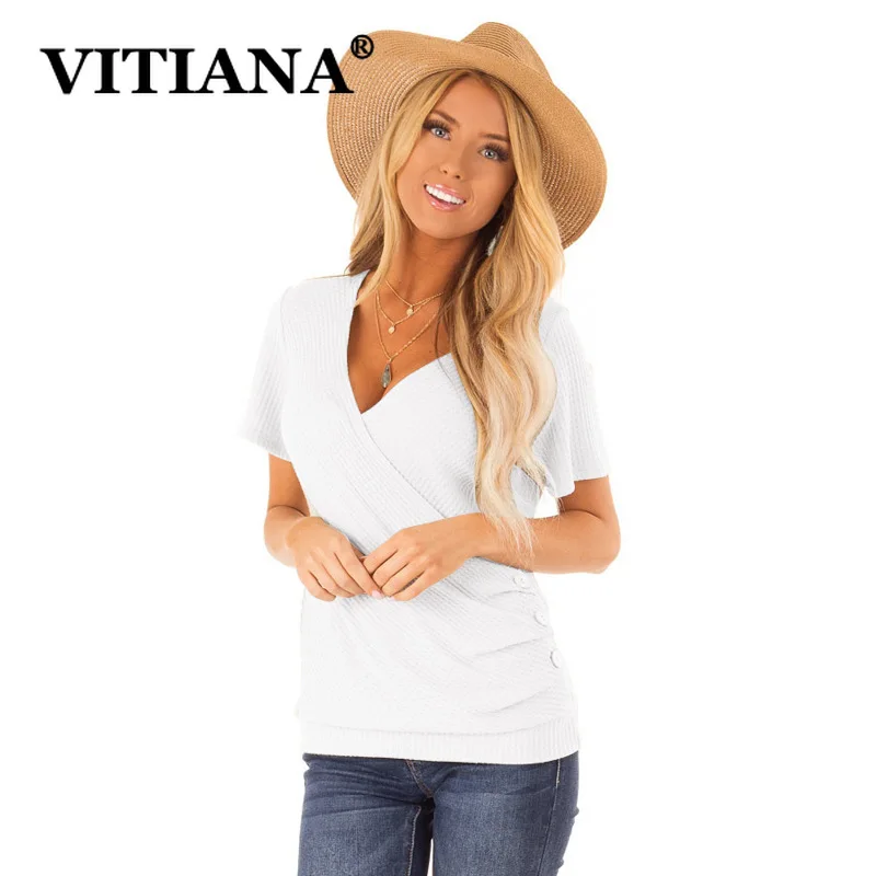 VITIANA Women Casual T-Shirt Summer Female 2019 Short Sleeve V-Neck Buttons Elegant Tees Ladies Solid Black Streetwear Tops VITIANA Women Casual T-Shirt Summer Female 2019 Short Sleeve V-Neck Buttons Elegant Tees Ladies Solid Black Streetwear Tops