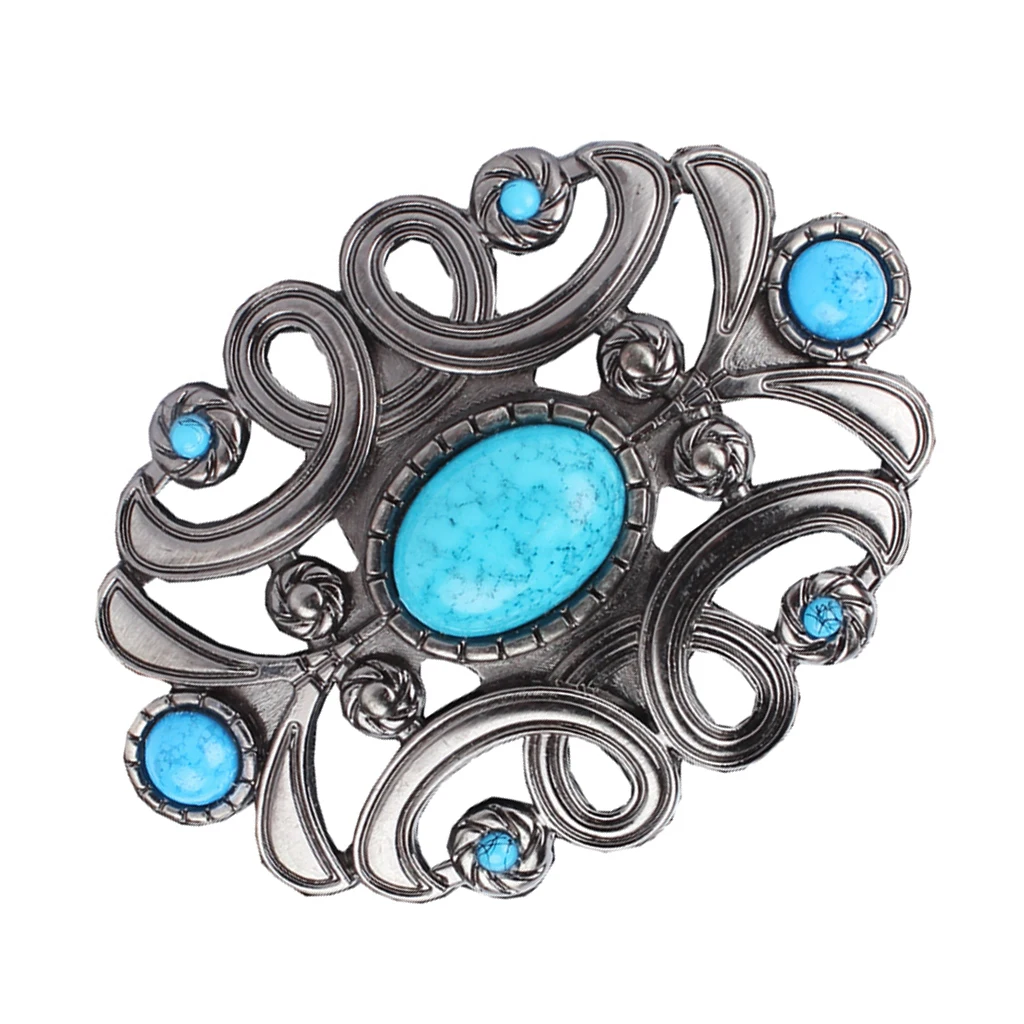 Vintage Antique Silver Blue Faux Turquoise Belt Buckle Western Buckles For Men Women Hallow Out Blue Diamond Decoration 