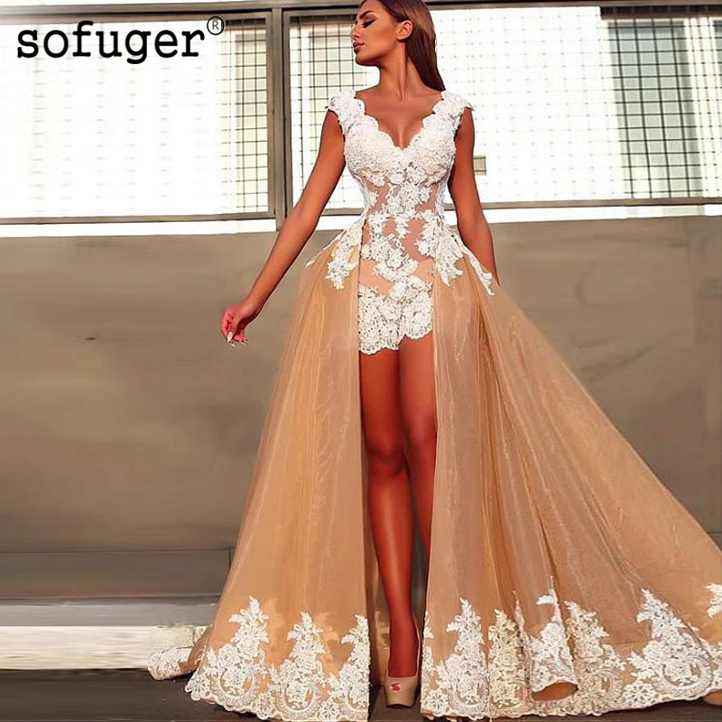 

Champion Sexy Backless V Neck Applique High Low Organza Evening Dress Prom Vestidos De Fiesta Formal Party Dress Court Train
