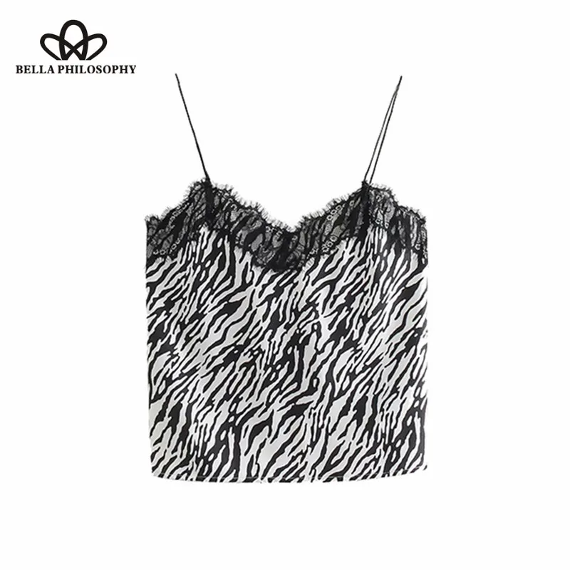 

Bella Philosophy Vintage Sexy Lace Patchwork Zebra Print Tops Women Camis Sleeveless Animal Pattern Vest Shirts Casual Blusas