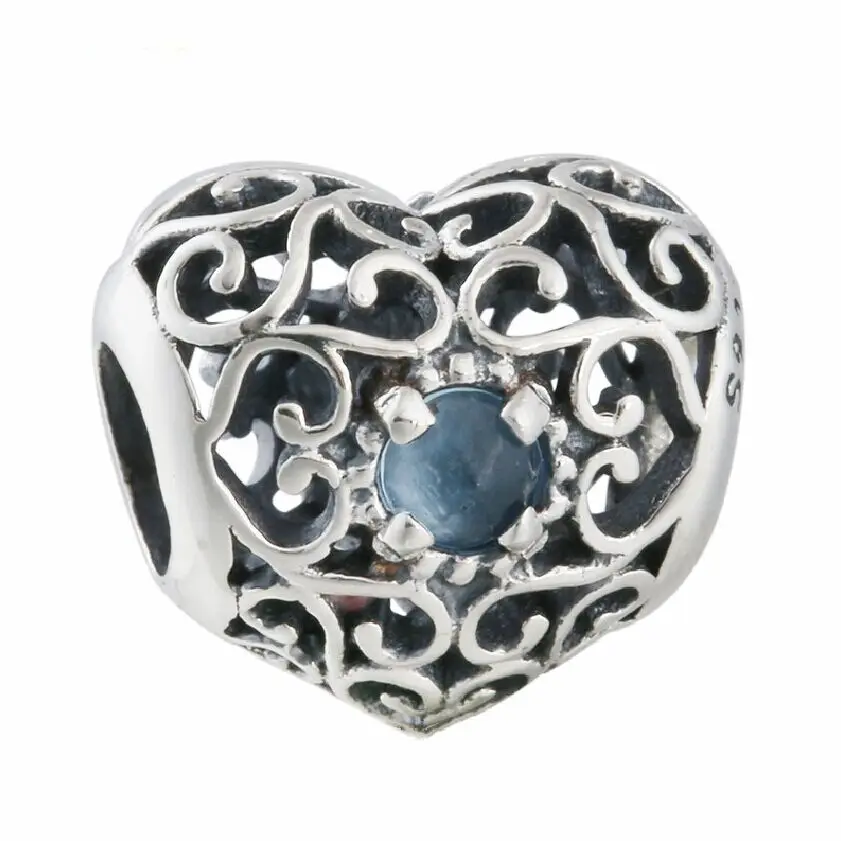 

Xmas Gift 925 Sterling Silver Openwork September Signature Blue Crystal Heart Birthstone Charm Beads Fits Brand Bracelets