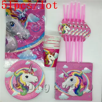 

51PC\lot Kids Favors Paper Cup Plates Baby Shower Glass Decoration Unicorn Tablecloth Napkins Birthday Straw Party Supplies