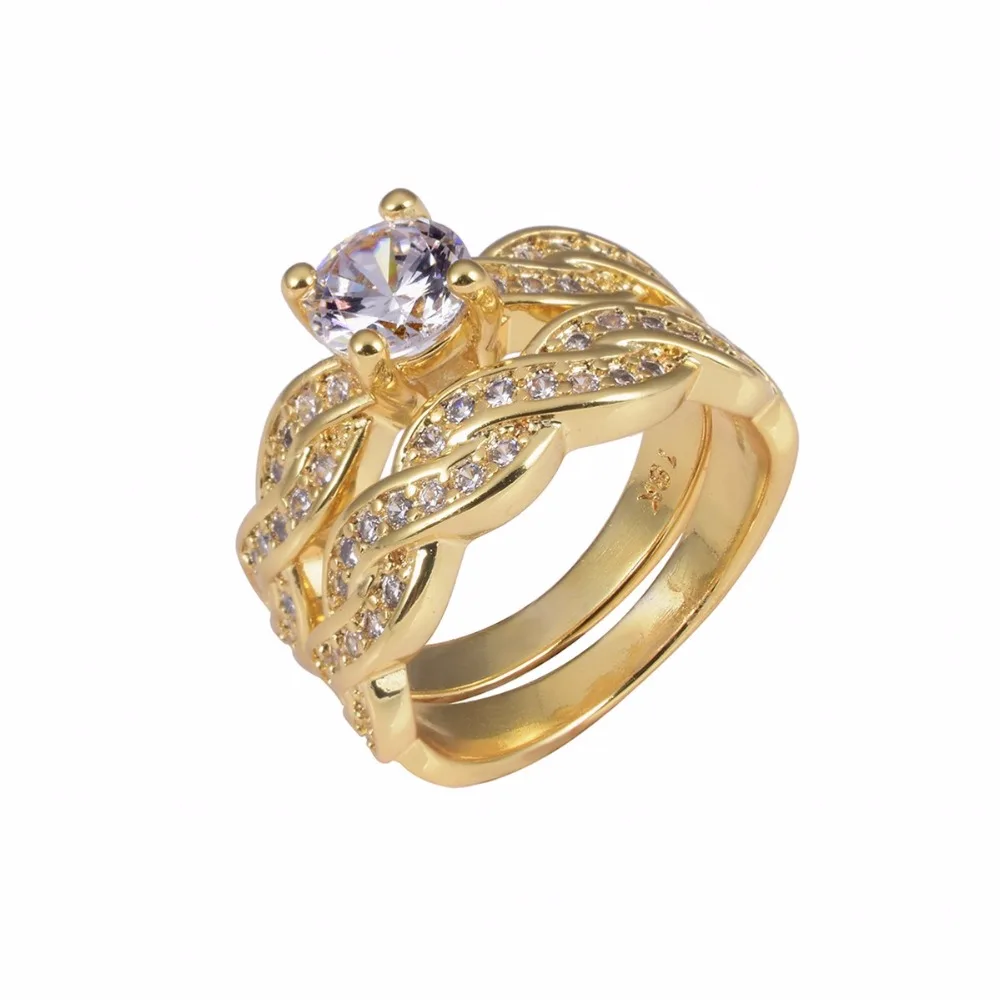 Lady's Round 2ct Simulated Diamond Rings Set 2-in-1 Wedding Anniversary Ring for Women 18K yellow gold Plated jewelry Size 5-10