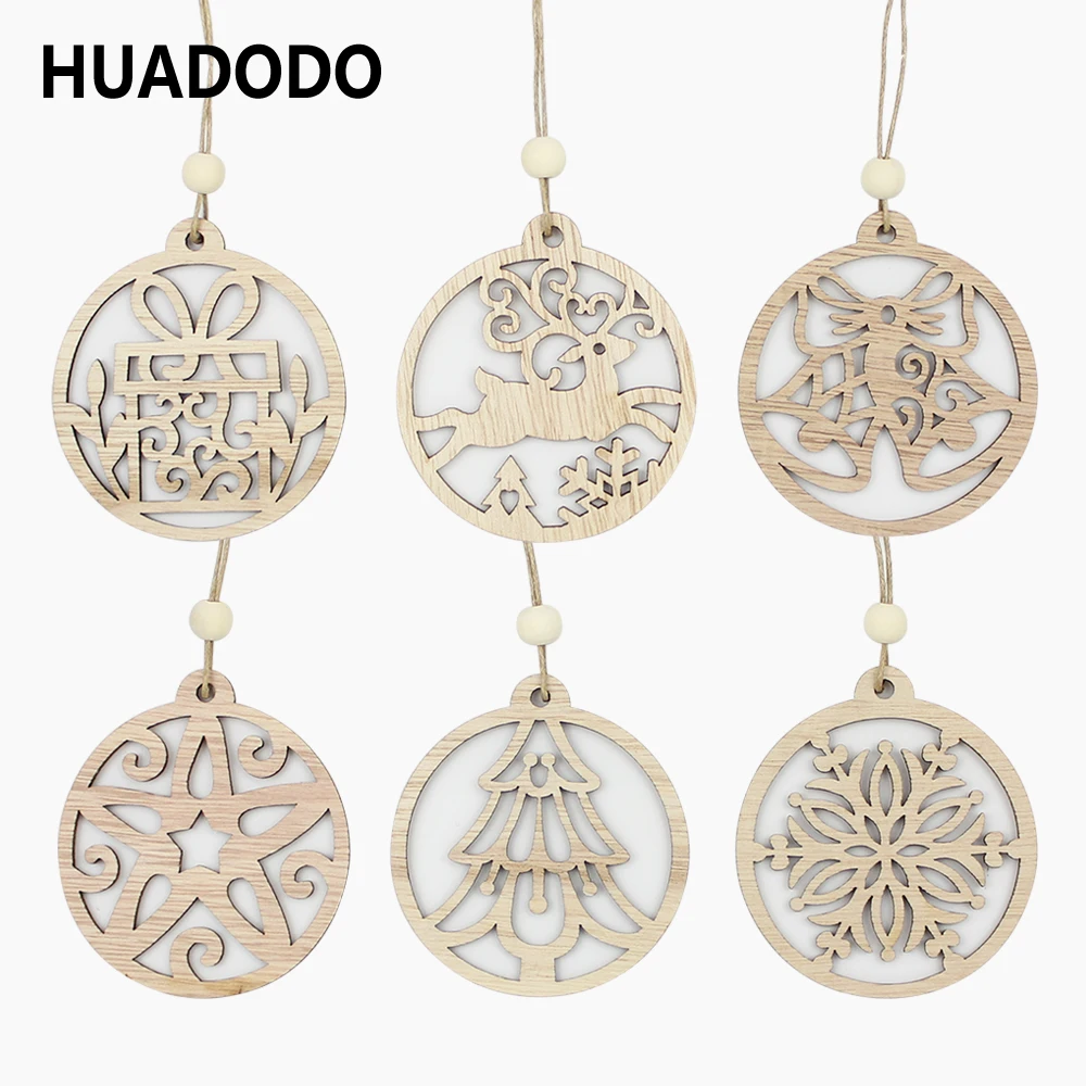 

HUADODO 6Pcs Wood Chip Christmas Pendants Ornaments Xmas Tree decorations for Home Christmas Party Decoration supply