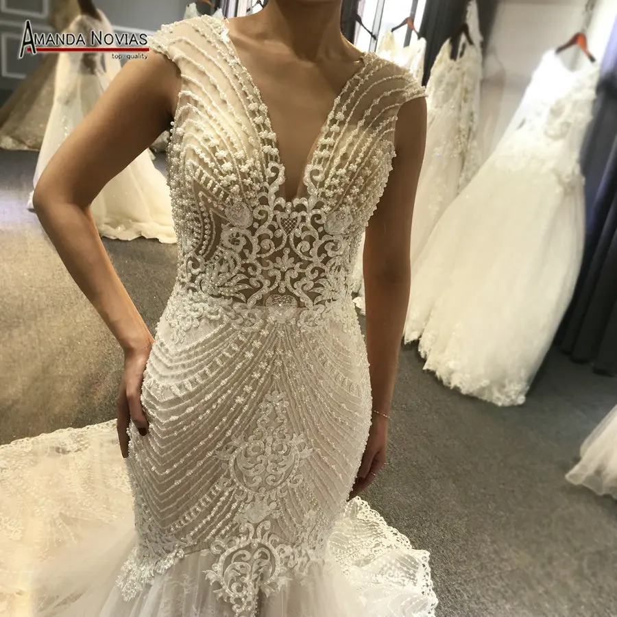 

Amanda Novias Real Work Full Beading Mermaid Wedding Dress Champagne Sexy Wedding Gown 2019