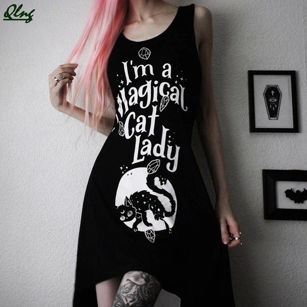 

2019 Lady Girls Fashion Funny Cat Printed Midi Black Gothic Summer Sleevless Dress ,vestidos,,robe femme,Sexy Harajuku Punk