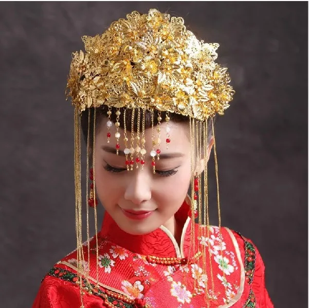 Wedding Bride Headdress Chinese Style Crowns and Tiaras gold flower