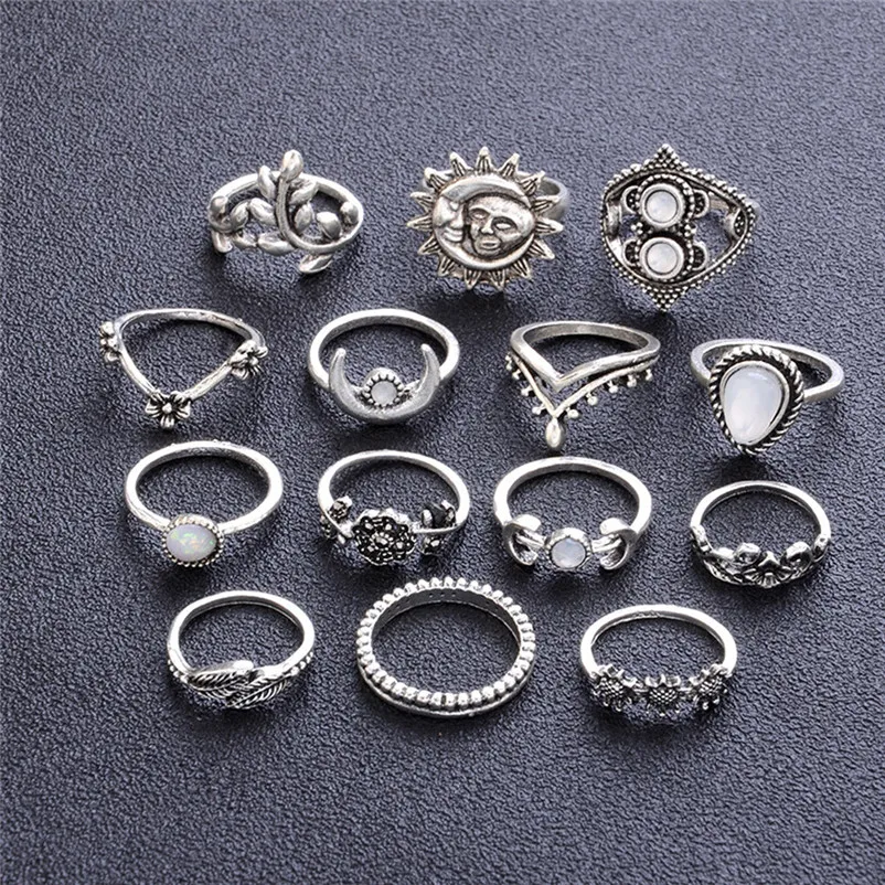 2018 Hot New Arrival Fashion Women Bohemian Vintage Silver Stack Rings Above Knuckle Blue Rings for women Ring Set J19#N (5)