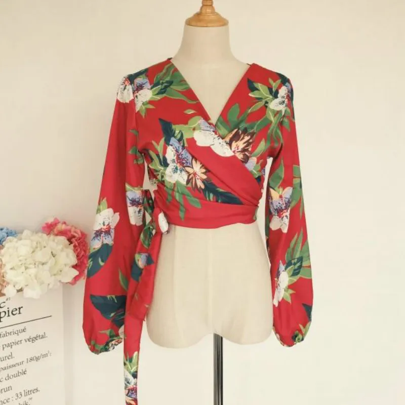 Achat Rétro Floral Imprimé Chemises En Soie Sexy V cou Croix Kimono Fleurs Satin Blouses Lanterne Manches Ceintures taille Haute Tops Cardigan