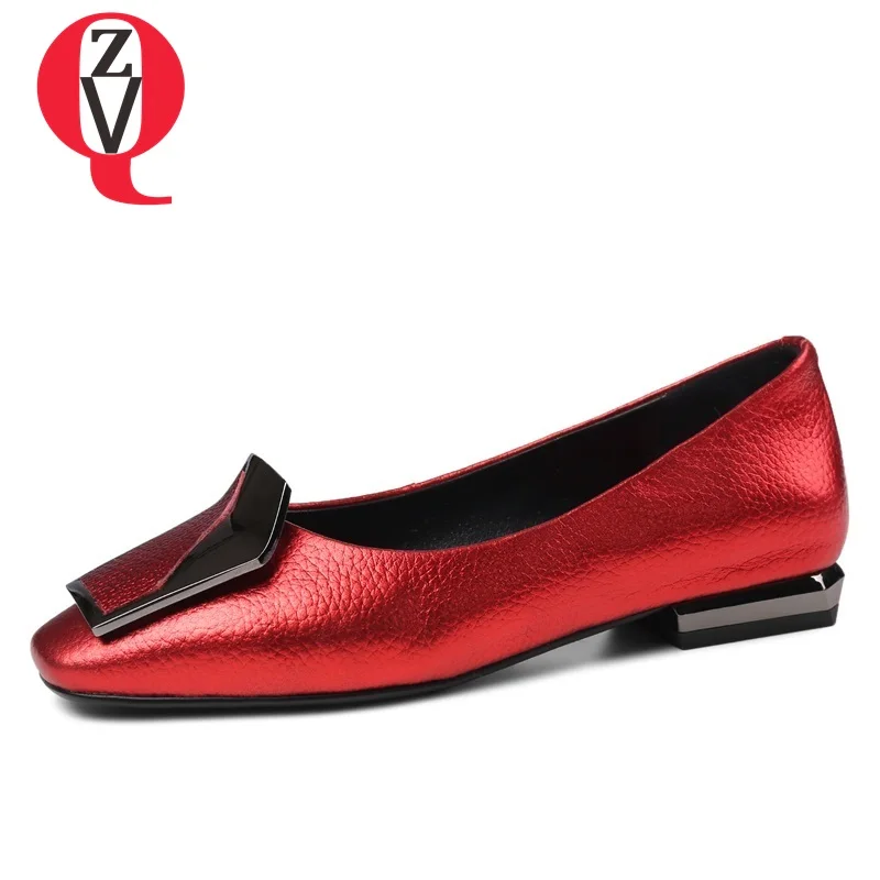 

ZVQ women shoes new fashion genuine leather flats square toe slip-on metal decoration shallow outdoor large size footwear