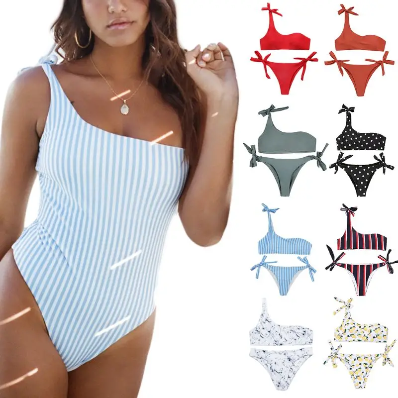 

9 Styles Women Two Piece Bikini Set Tie Knot Straps One Shoulder Swimsuit Low Waist Side Tie Contrast Colored Vertical Stripes