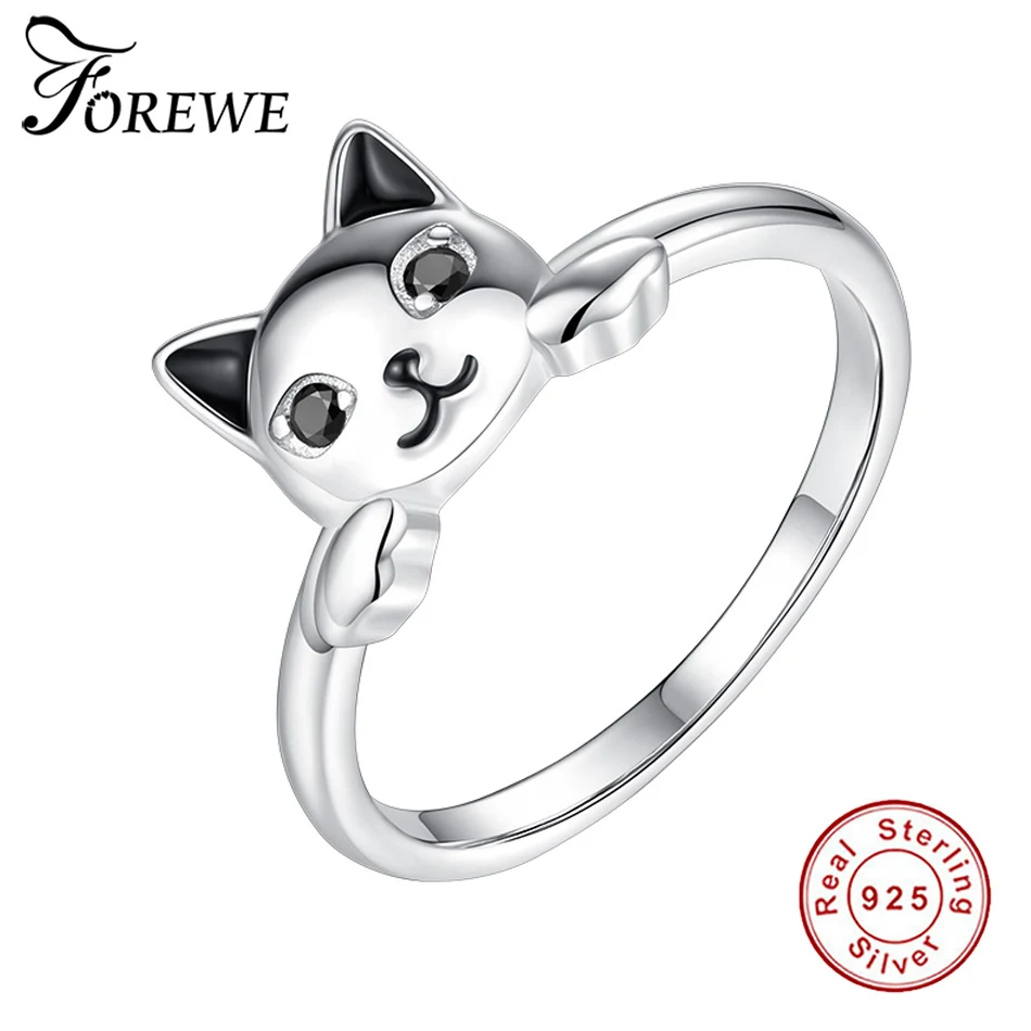 

FOREWE 2019 New 925 Sterling Silver Sticky Cat Animal Finger Rings for Women Cubic Zirconia Fashion Ring Jewelry Gift