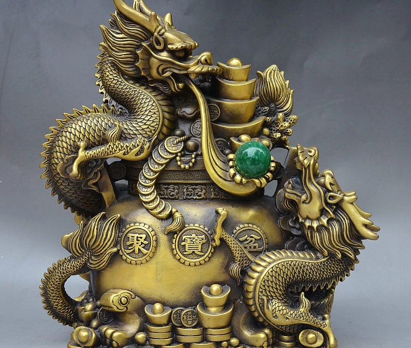 

12" China FengShui Bronze Wealth 2 Dragon Play Ball Money Treasure Bowl Statue