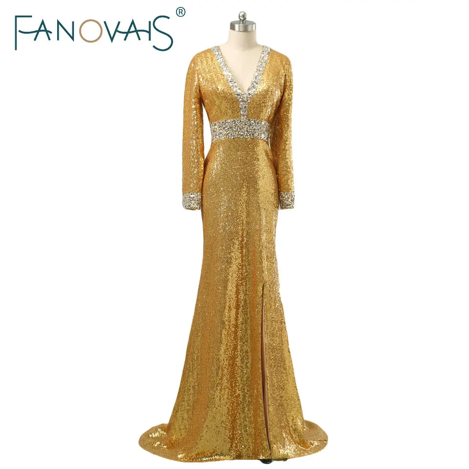 gold evening gown with sleeves