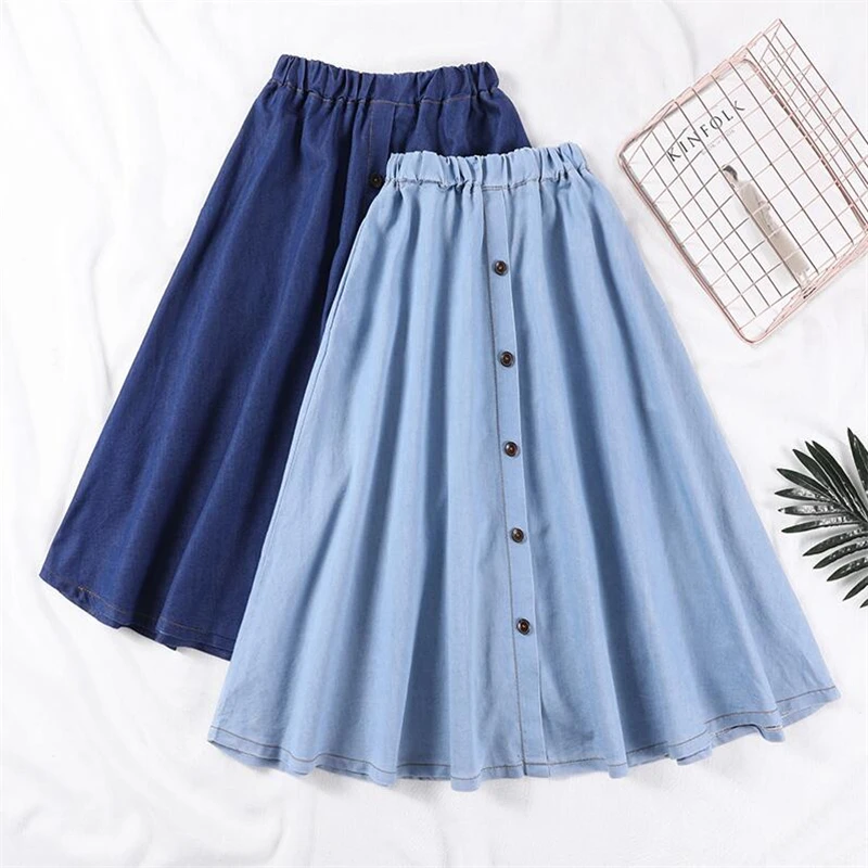 

Plus Size 3XL Harajuku Denim Skirts Autumn Summer Elastic High Waist A-line Skirt Women Leisure Knee-Length Jeans Skirts Femme
