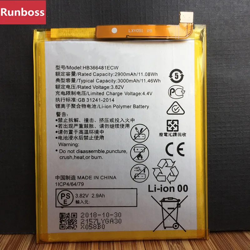 

100% Original New HB366481ECW Real 3000mAh Battery For Huawei P9 Ascend P9 Lite G9 Honor 8 5C Battery
