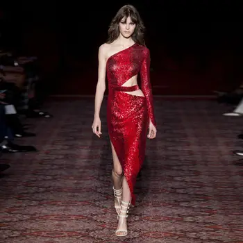 

2019 Dress Sexy Celebrity Backless One-Shoulder Women Slit Full Hollow Out Night Club Flare Sequined Body con Dresses Wholesale