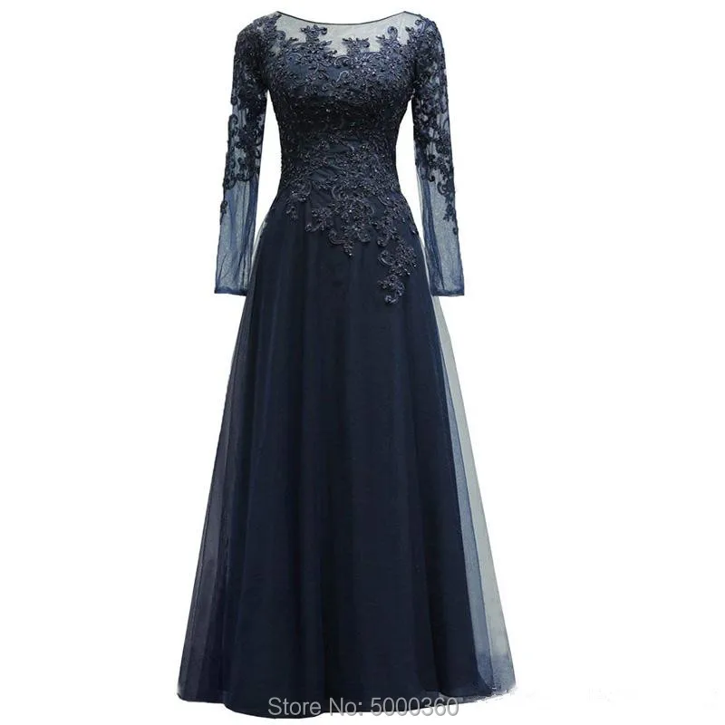 Prachtige Dark Navy Blue Lange Mouwen EEN Lijn Tulle Moeder van de Bruid Jurk 2019 Kralen Kant Wedding Partij Jassen crystal Applicaties Prachtige Dark Navy Blue Lange Mouwen EEN Lijn Tulle Moeder van de Bruid Jurk 2019 Kralen Kant Wedding Partij Jassen crystal Applicaties