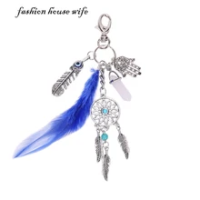 Fashion House Wife Bohemian Natural Feather Stone Keychain Hamsa Hand Silver Key Chains Handbage keyring Car Key Holder YS0001