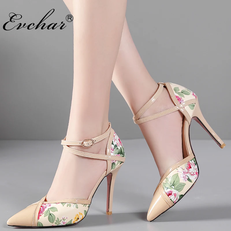 

EVCHAR Floral Print thin heels Sandals Women pointed toe Sandals Summer Shoes super High Heels Shoes Woman big size 31-47