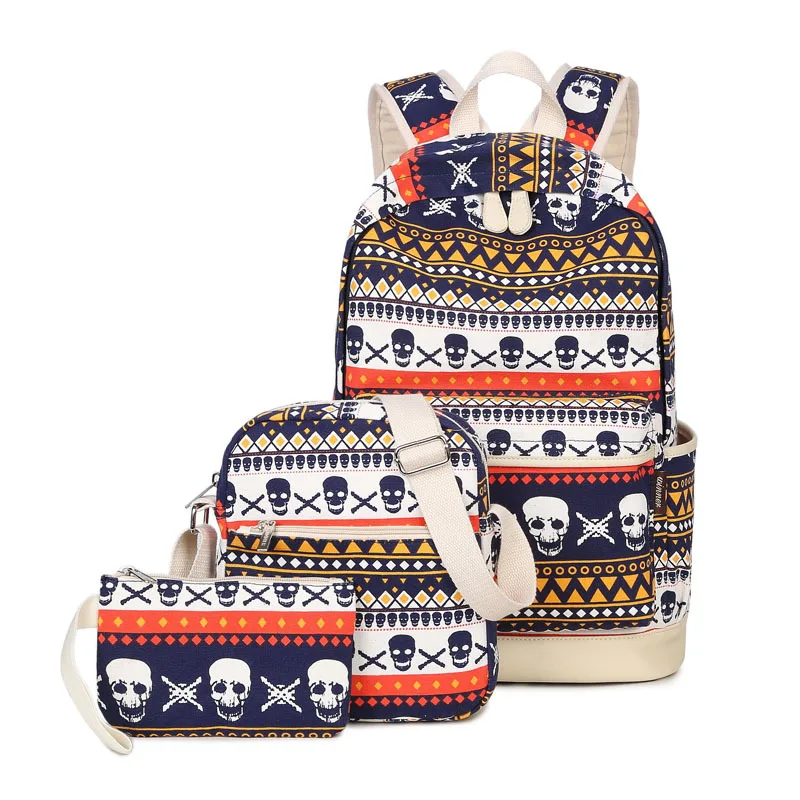 Winner Brand 3pcs/Set Printing Women Geometric Backpack Skull Canvas Bookbags Set Backpack School Bags for Teenage Girls