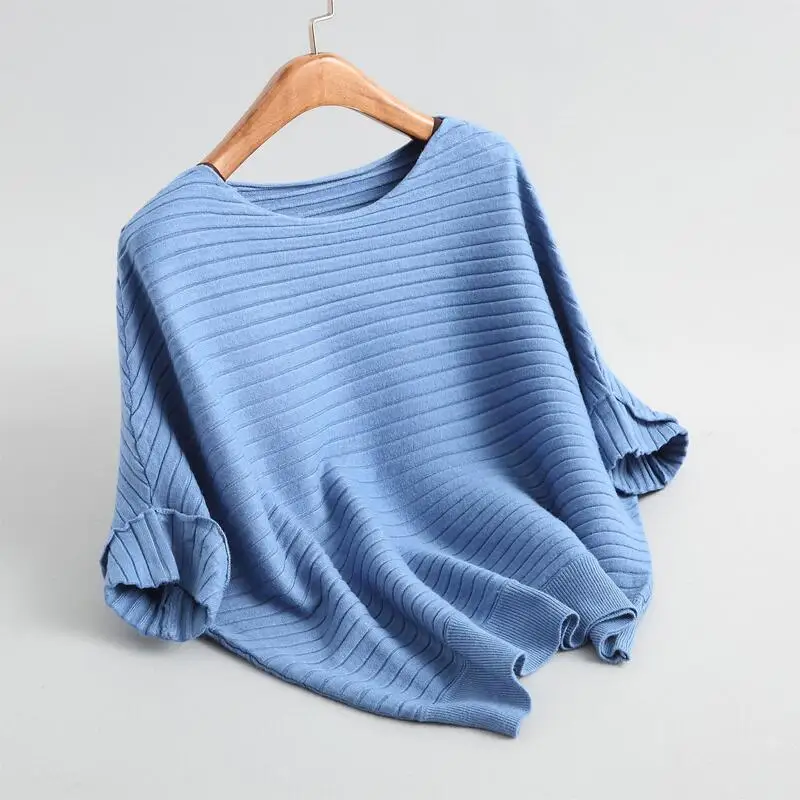 Весна и лето женский свитер Повседневный однотонный свободный свитер с рукавом летучая мышь - Цвет: Синий