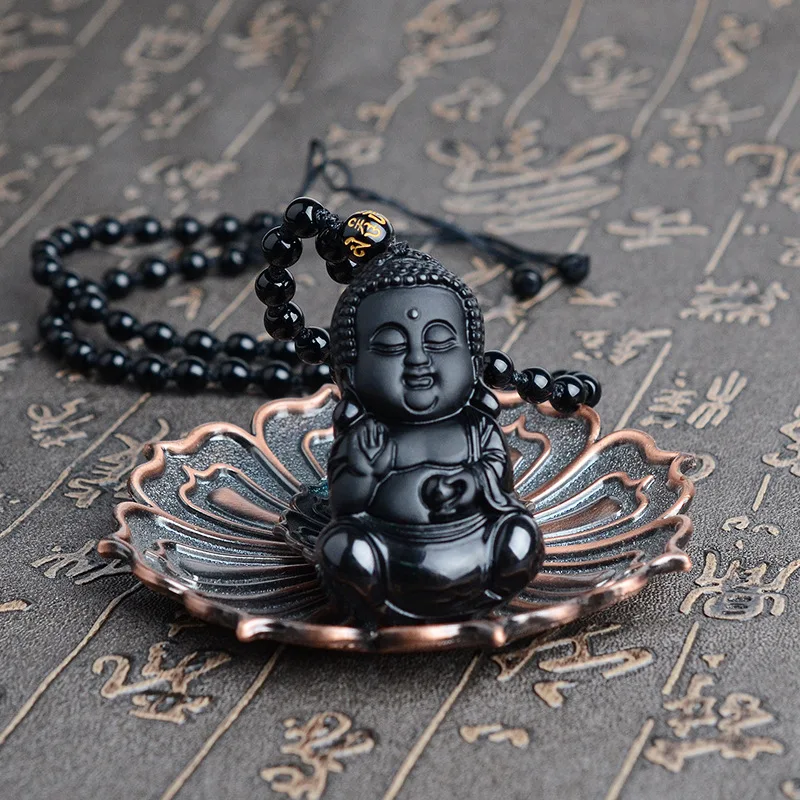 100% Natural Black Obsidian Carved Baby Buddha Lucky Pendant Beads Necklace
