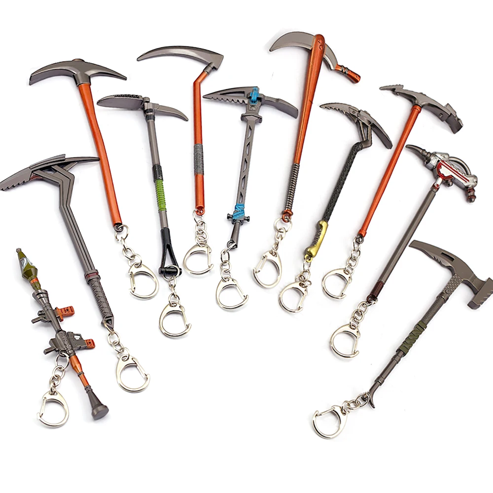 

HSIC 18 Styles Mixed Keychain Zinc Alloy Pickaxe Keyring Holder Battle Royale Axe Hammer Chaveiro Men porte clef 12972