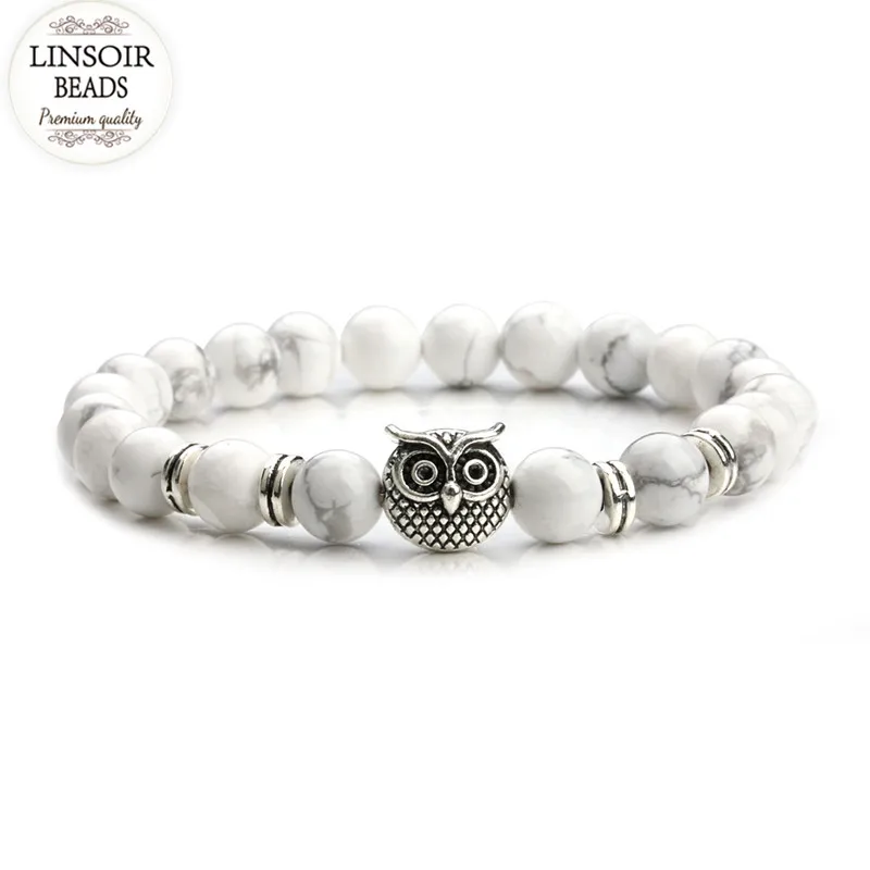 

Antique Silver/Gold Color Owl Head Charm Stretch Bracelets For Women Men Natural White Howlite Created Bead Bracelets F5218