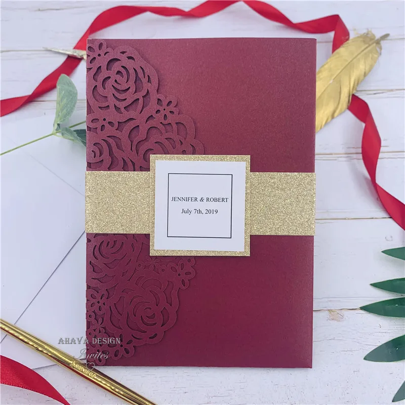 

Gorgeous Burgundy Lsser Cut Wedding Invitation With Belly Band, Tag, Customized Insert And RSVP card