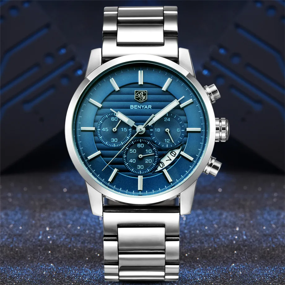 BENYAR Watches Men Chronograph Stainless Steel Calender Water Resistant Formal Wristwatches Man's Casual Male Clock Montre Homme (10)
