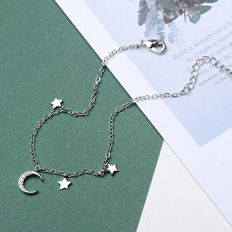 

Summer Beach 925 Sterling Silver Link Chain Crystal Star Moon Charm Bracelets &Bangle For Women Accessories Bijoux Gifts sl351