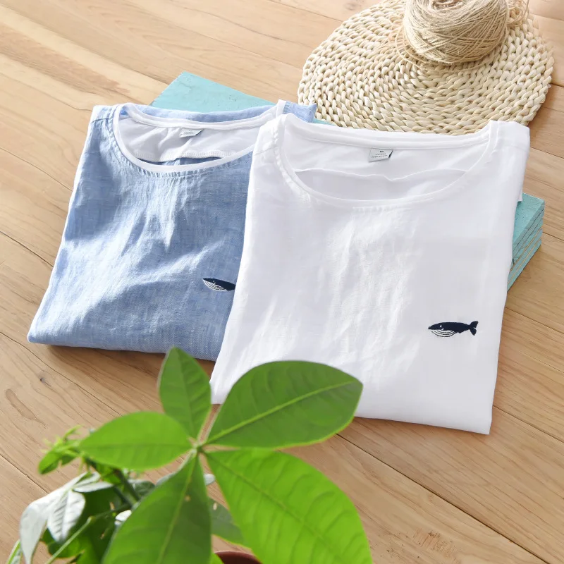 Men Cotton Linen Short Sleeve Tshirts White Small Fish Embroidery T Shirt Casual O-Neck Man Tees Y1702