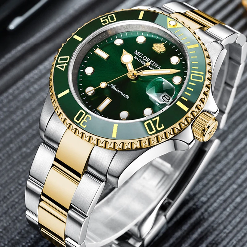 ملغ. ORKINA الأخضر الفولاذ المقاوم للصدأ 316L 40 مللي متر حالة السيارات تاريخ الرجال ساعات آلية الغوص للماء 30 M التلقائي مضيئة ووتش