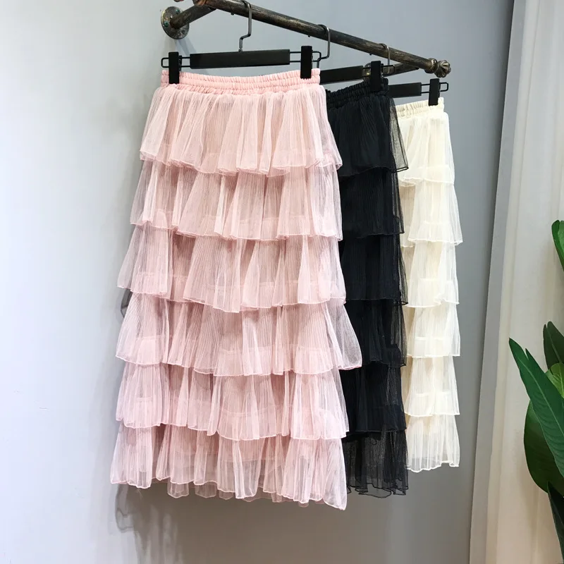 

Summer Layered Skirts Women Elastic High Waist Pleated Midi tulle Skirt Tiered Ladies Casual Skirt Korean Fashion Style 2018