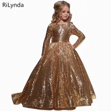 Платья золотого цвета для девочек Бальные платья длиной до пола для детей, платье для дня рождения для девочек, нарядные платья с цветочным рисунком для девочек возрастом от 2 до 14 лет