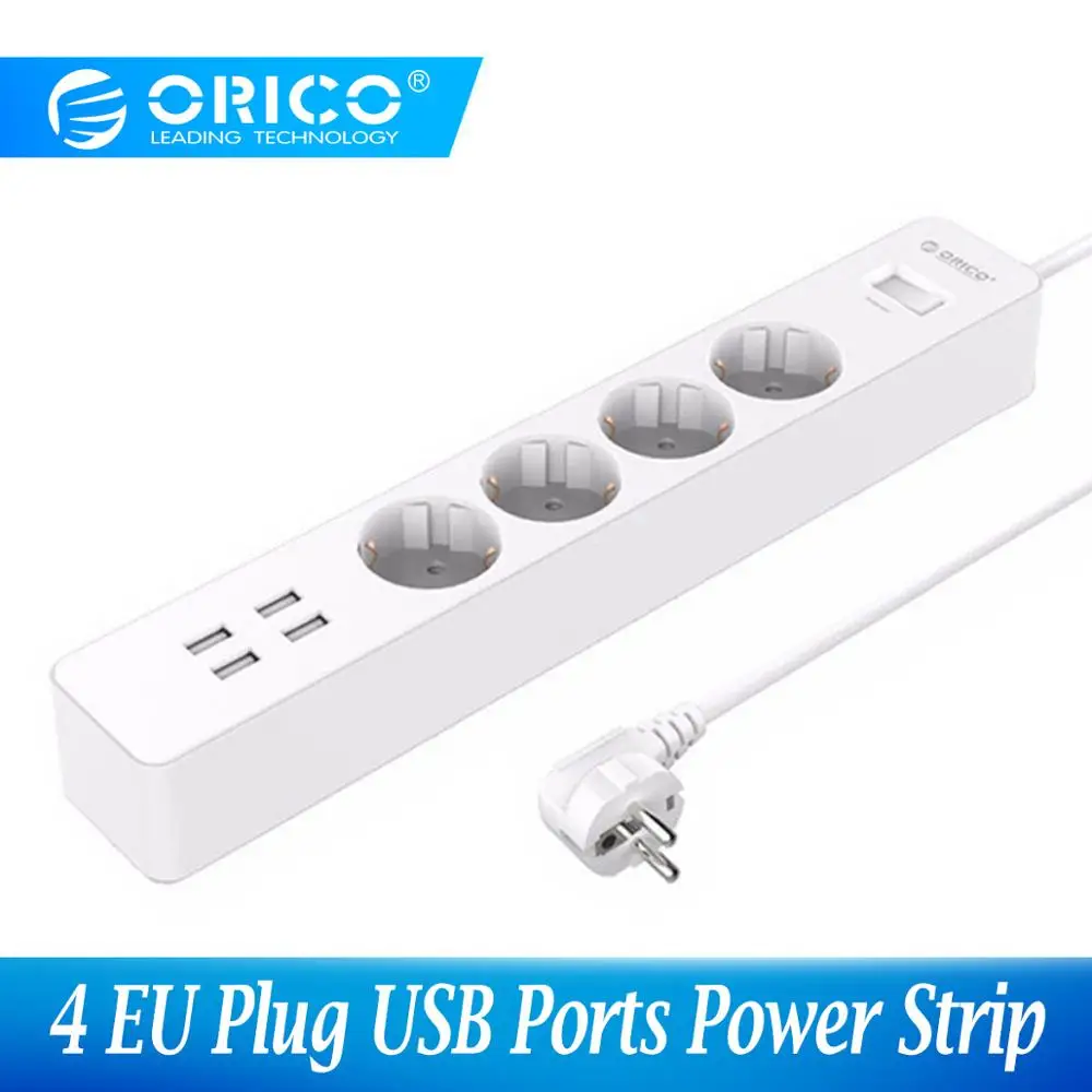 

ORICO USB Power Strip Home Office EU Surge Protector with 4 USB Port 20W Charger 4 EU AC Plug 2500W Sockets White