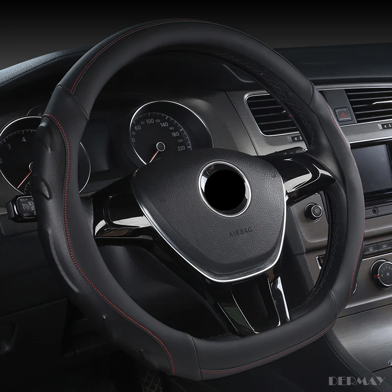 DERMAY D форма рулевого колеса черный авто чехол рулевого колеса автомобиля для VW KIA кожа 38 см крышка колеса аксессуары для интерьера - Название цвета: Черный