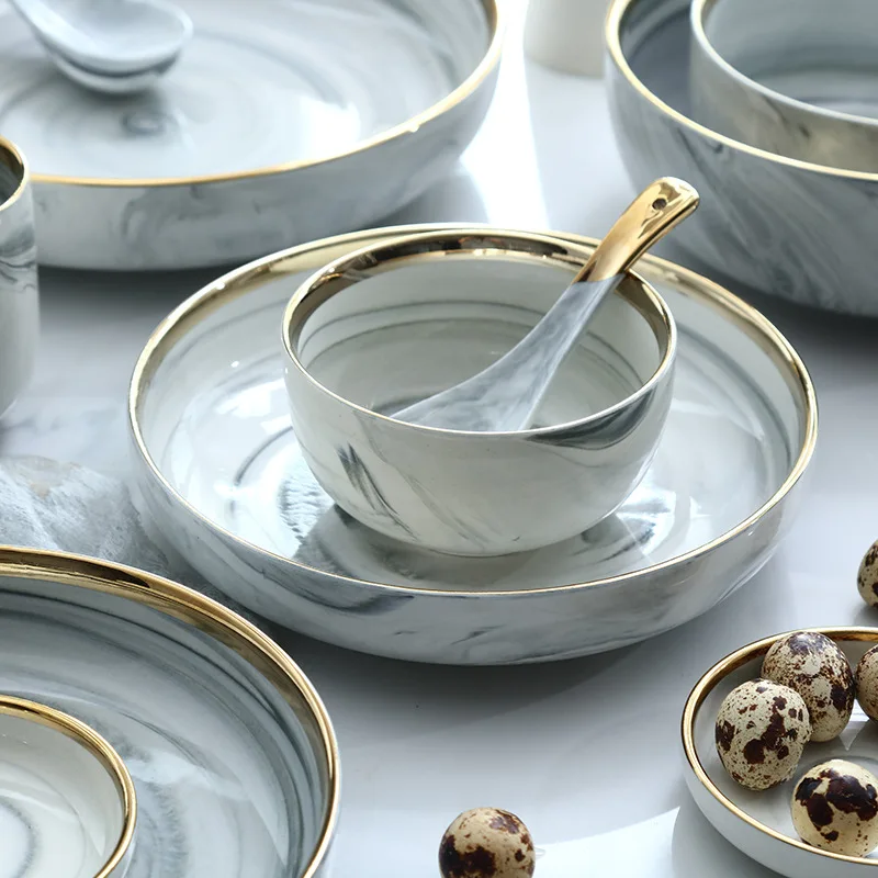 Нордическая Золотая инкрустация фарфоровая мраморная керамическая посуда суповая чаша лапши быстрого приготовления чаша домашняя миска для еды салат тарелка
