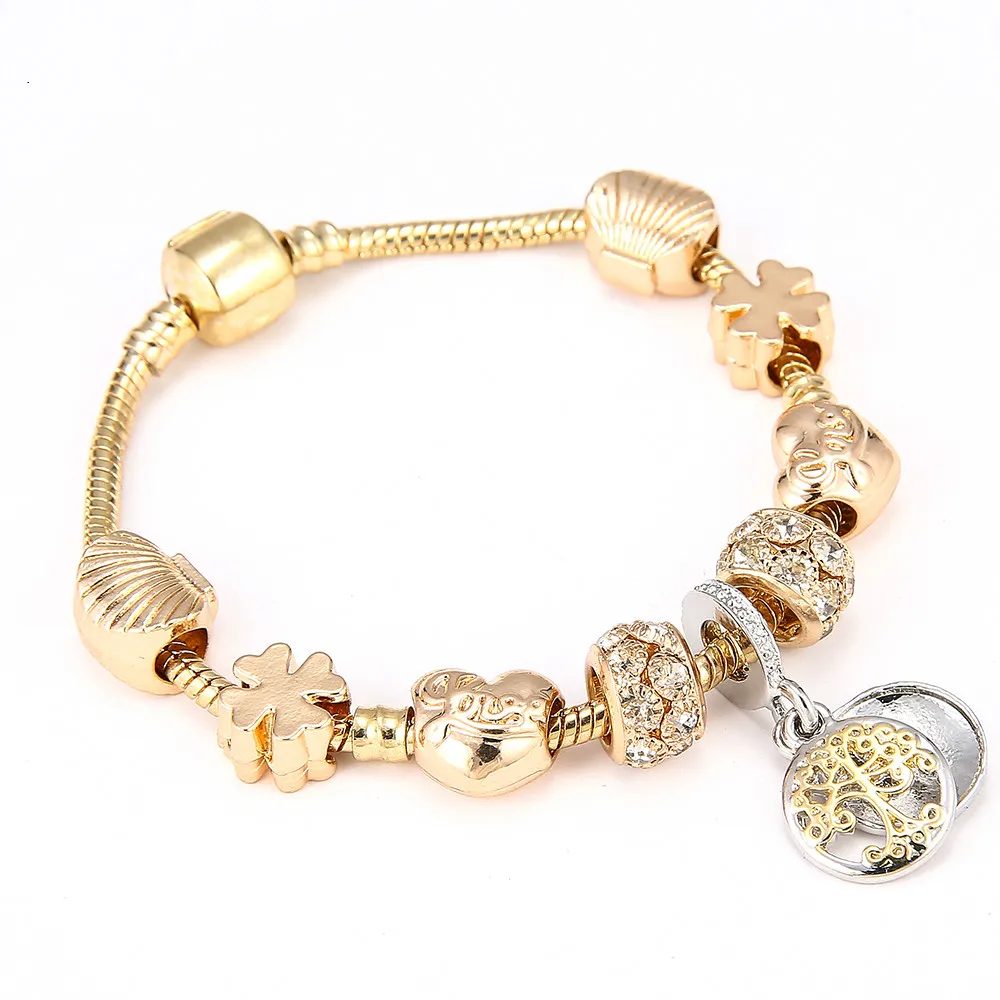 Gold Color Pandora Charm Bracelet & Bangle Tree of life Pendant & Gold Crystal Ball Beads