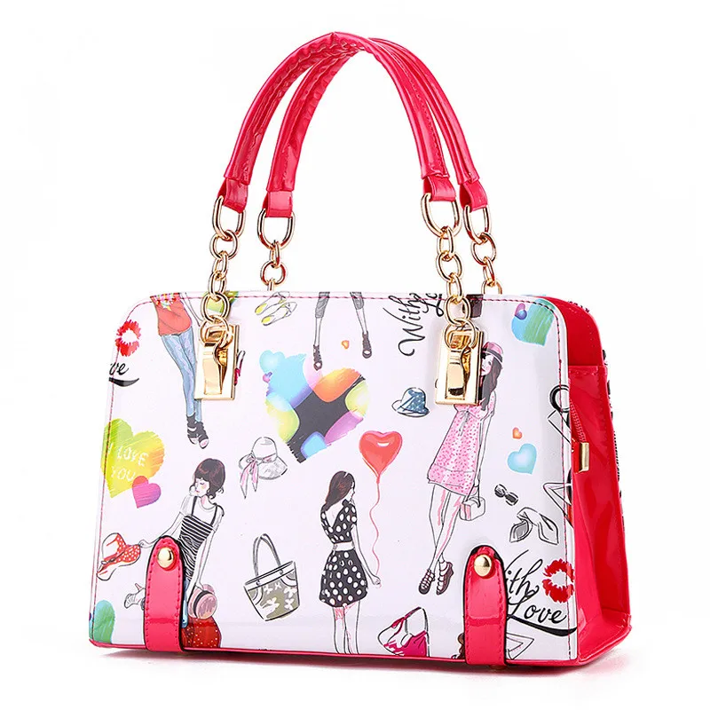 

Elegant Fuchsia PU Women Handbag Shoulder Bag Fashion Shoulder Strap Reglable Crossbody Messenger Cartoon Pattern