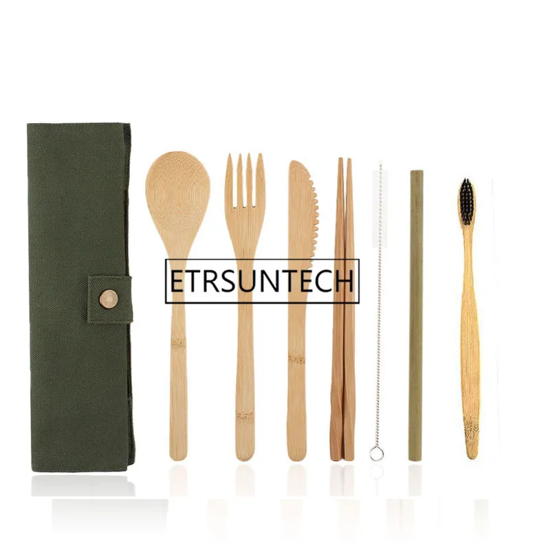 

50sets Portable Knife Picnic Natural Reusable Straw Spoon Fork Chopstick Kitchen Utensil Bamboo Cutlery Set Toothbrush