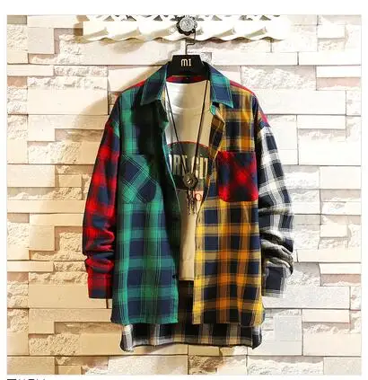 Men Plaid Shirts New Spring Autumn Long Sleeve Shirts Outwear Casual Loose Shirts For Man and women Size 3XL Dropshipping - Цвет: Green