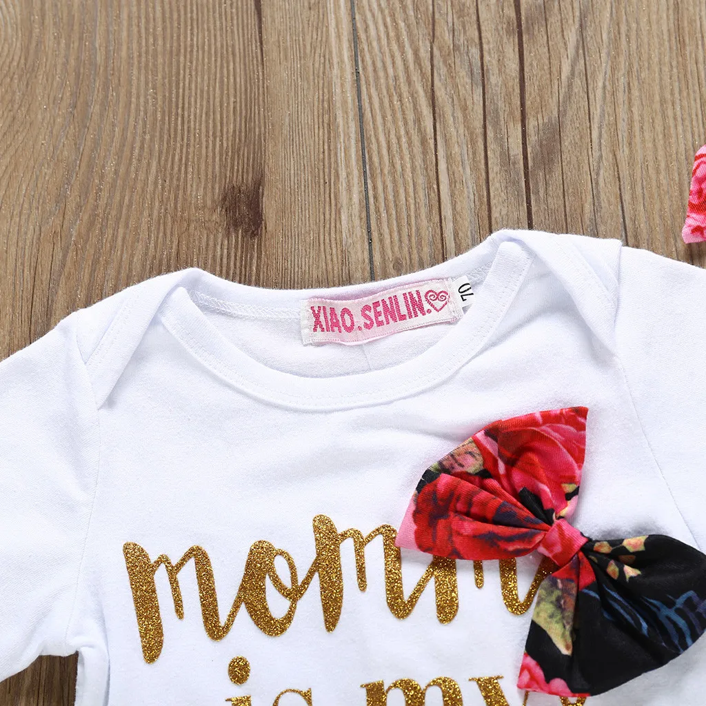 Одежда для новорожденных девочек комплекты для маленьких девочек Комбинезон с надписью+ штаны с цветочным принтом+ повязка на голову для маленьких девочек Ensemble Bebes Fille